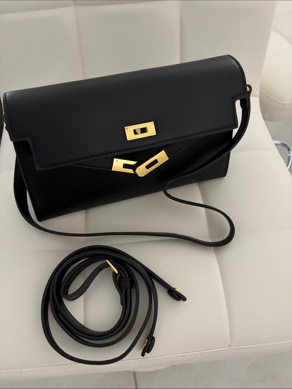 Black Leather Crossbody Bag with Gold Hardware two strap mini bag any phone fits - Picture 2 of 7